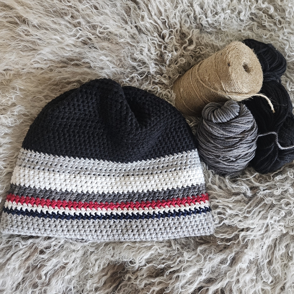 Stylish Black & Gray Knit Beanie 100% Cotton Handmade Crochet Custom Sports